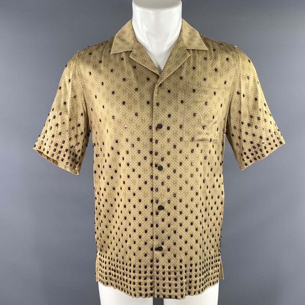 Dries Van Noten SS21 Tan Brown Beaded Viscose Short Sleeve Shirt Size 44 EU